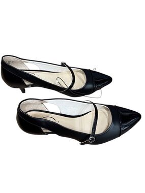 Simply Comfort Black Mary Jane Kitten Heels Pointed Toe Patent Cap Chic